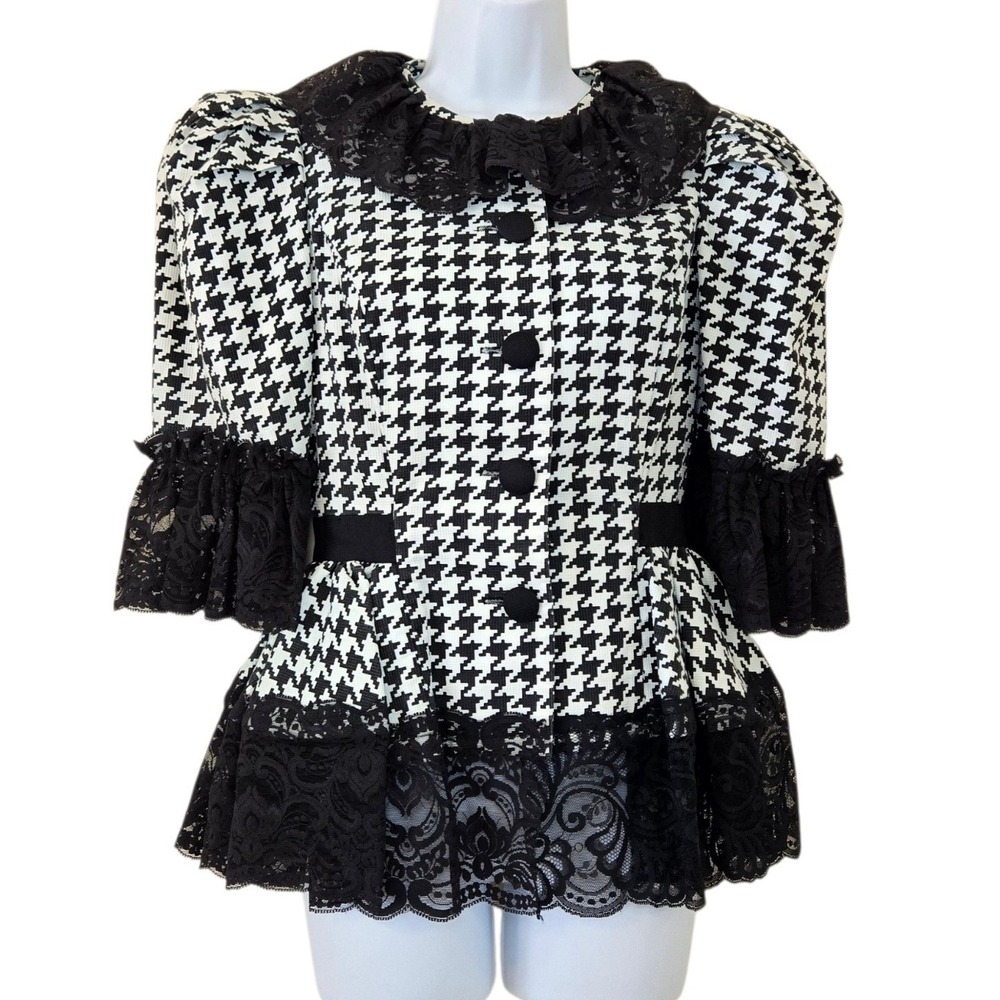 Vintage Leslie Lucks Houndstooth Peplum Blouse Lace Puff Shoulder 80s Sz 4